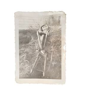 Vtg Baby Posing on Highchair Monochrome Photography Found Snapshot B&W Portrait